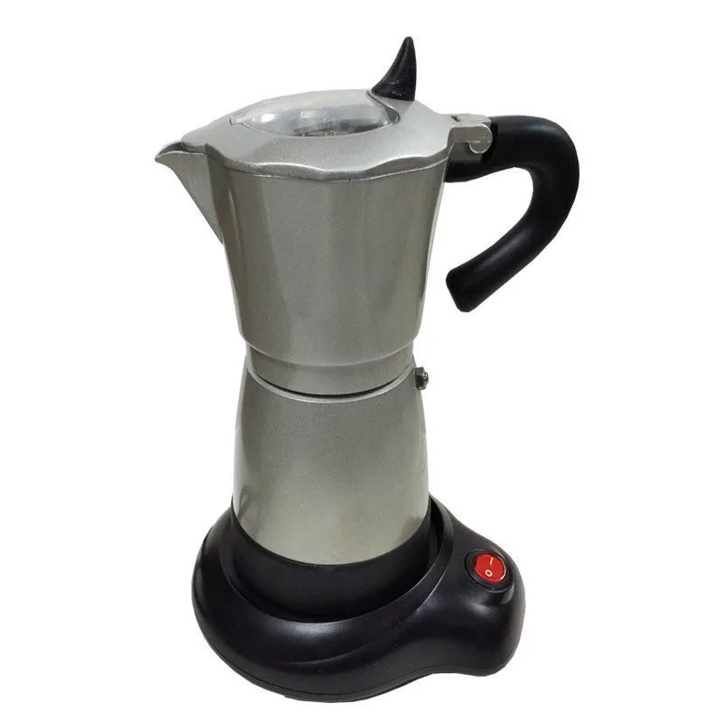 Silver aluminum electric moka pot coffee maker on a black base with a red power switch against a white background.