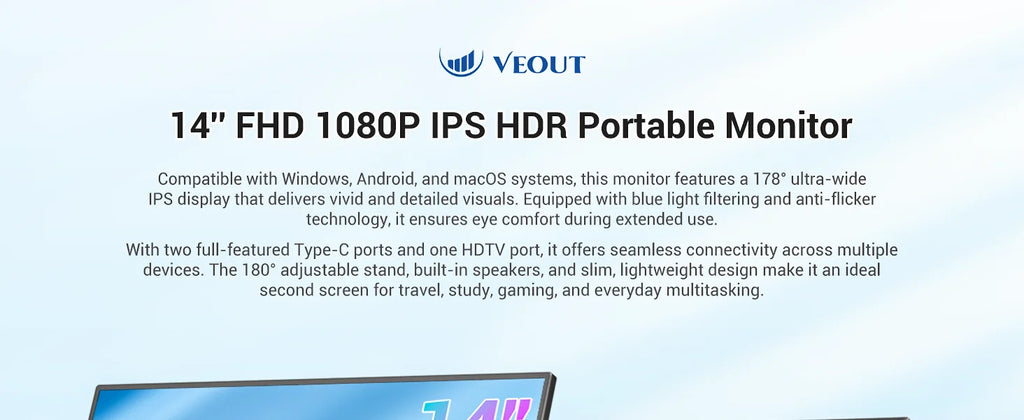 VEOUT 14-inch Portable Laptop Display, 1080P FHD Frameless IPS Ultra-Thin Travel Monitor with Adjustable Stand, Sleek Lightweight Design, Lag-Free Smooth Motion, Great for Daily Remote Office Work