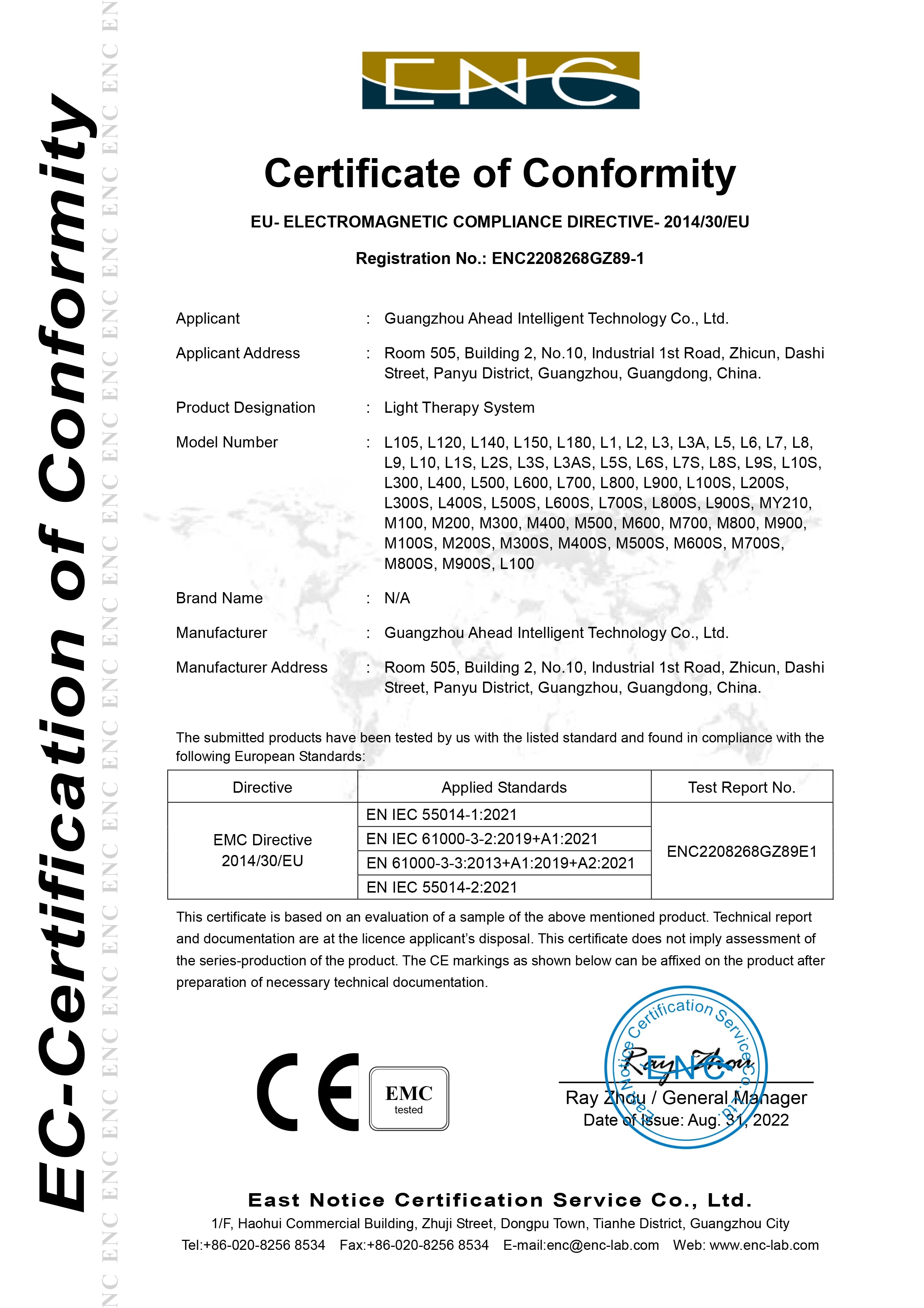 A Certificate of Conformity document for a Light Therapy System, including EMC directive compliance details and stamp.
