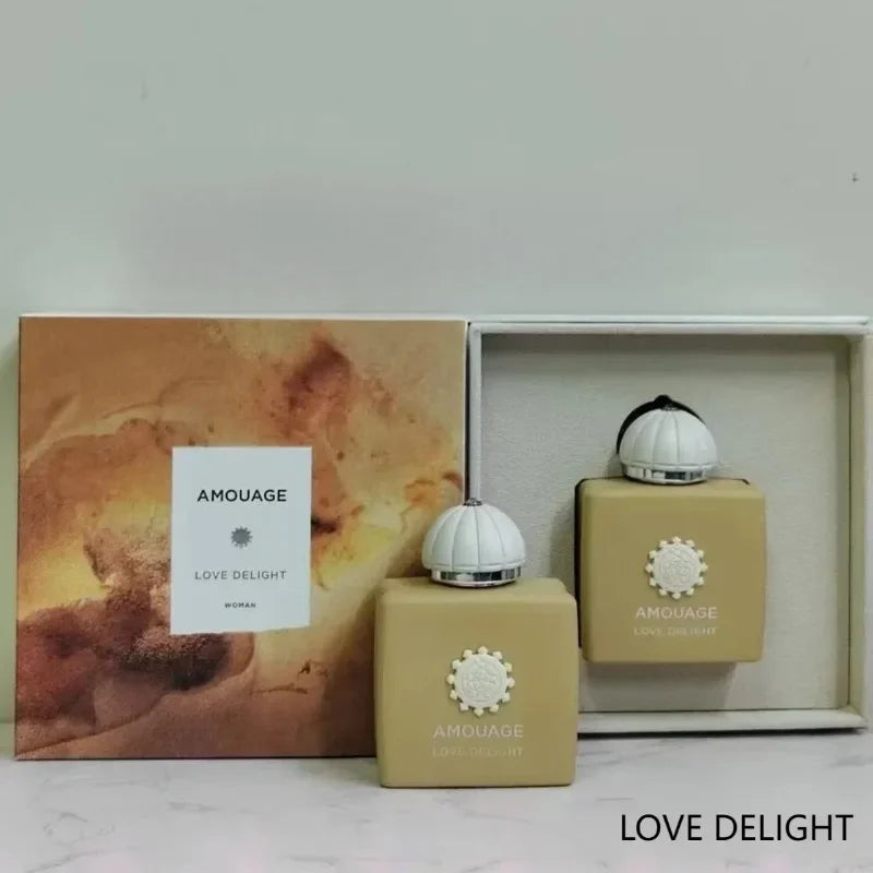 Amouage Love Delight women's perfume, 100ml floral oriental EDP in square bottle with signature white domed cap.