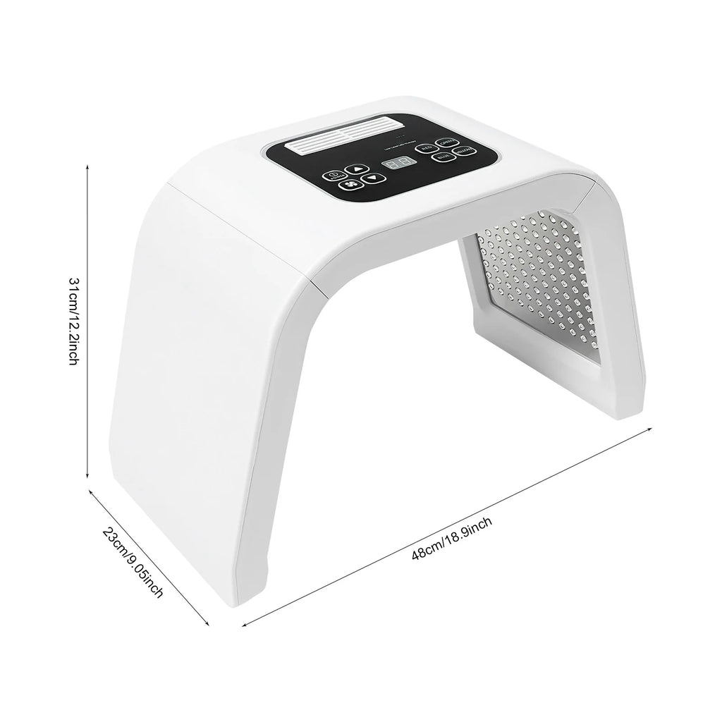 White arch-shaped PDT LED face mask device with a control panel and dimensions labeled on a white background.