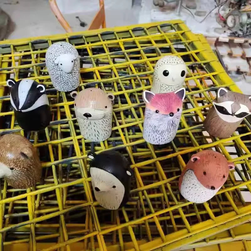 Cute animal resin wind chime pendants for rustic garden decor. Hand-painted forest animal statues for outdoor gifts.