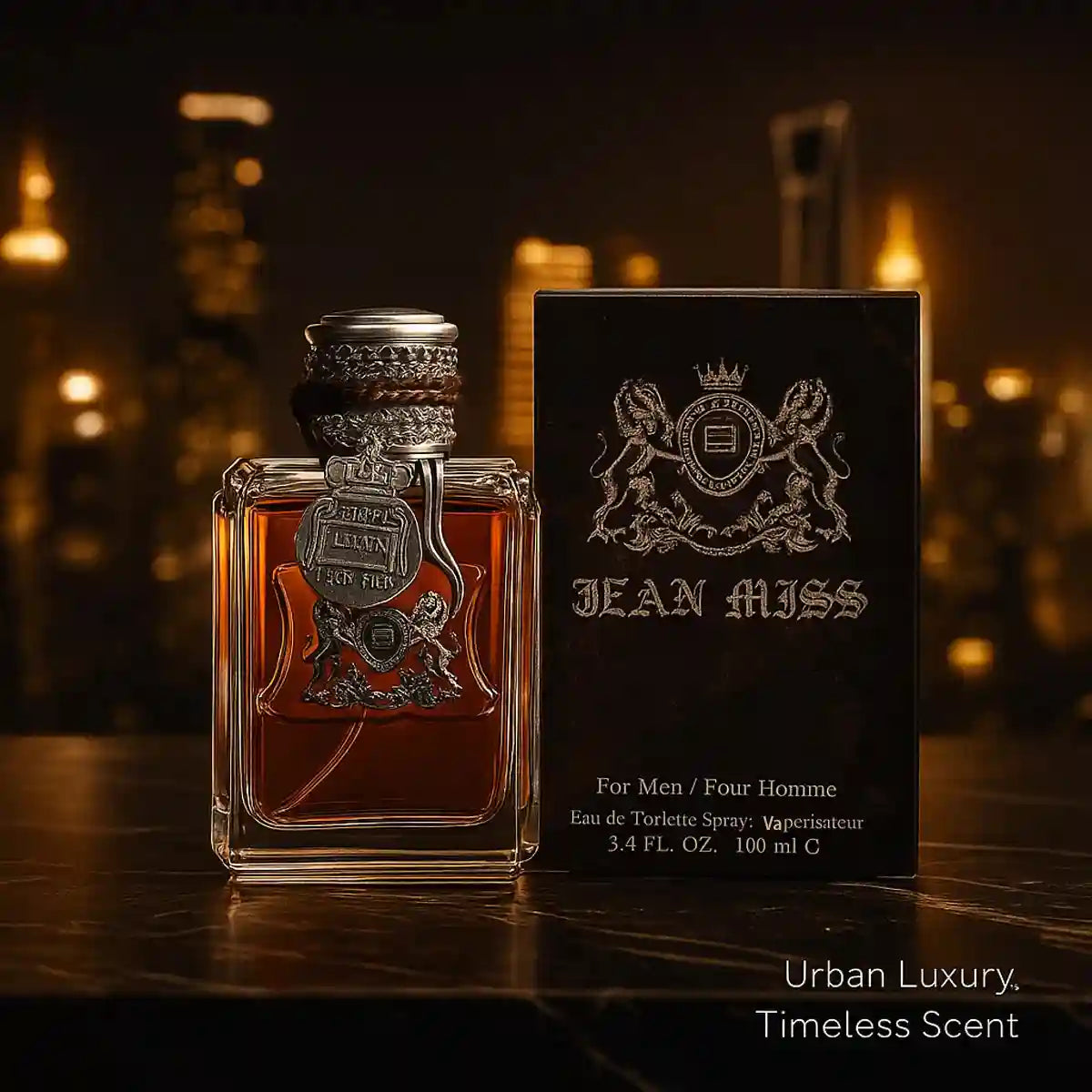JEAN MISS Eau de Toilette for men: Luxury 100ml woody cologne in a vintage ornate glass bottle with emblem and box.