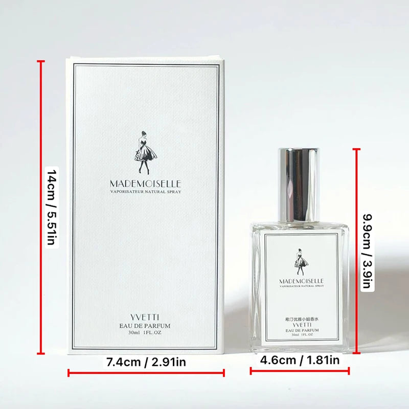 Mademoiselle Yvetti EDP: Elegant floral-fruity women's perfume in a sleek square glass bottle with silver cap.