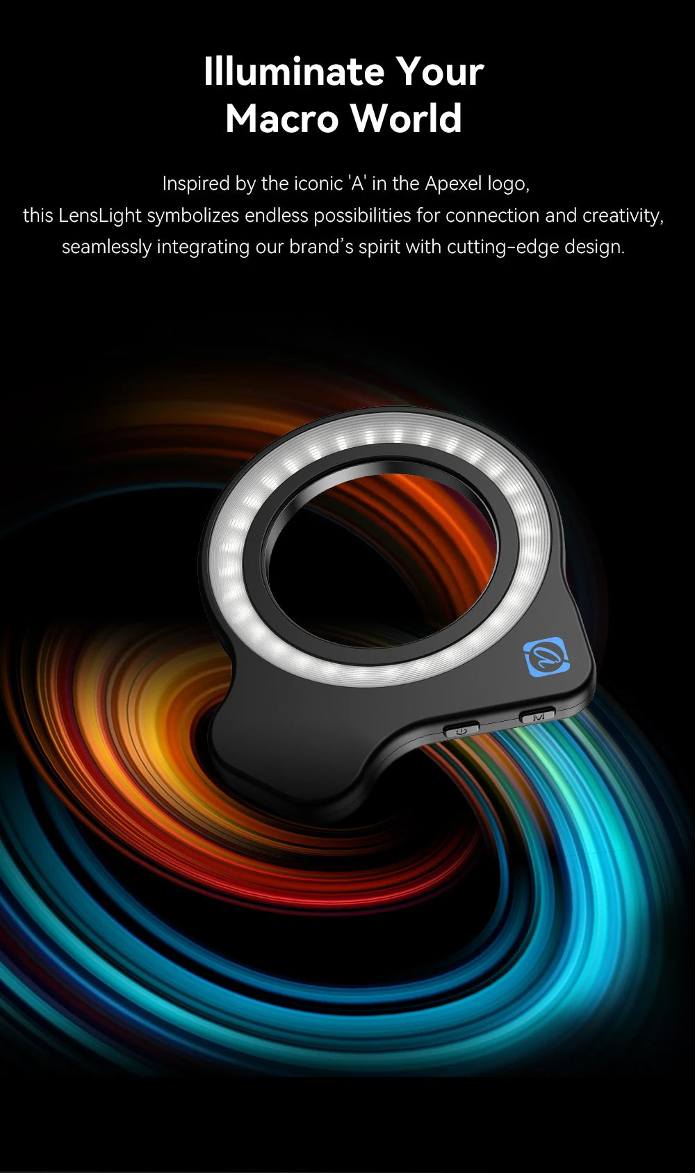 Black, A-shaped macro LED ring light with control buttons, used for close-up smartphone photography.