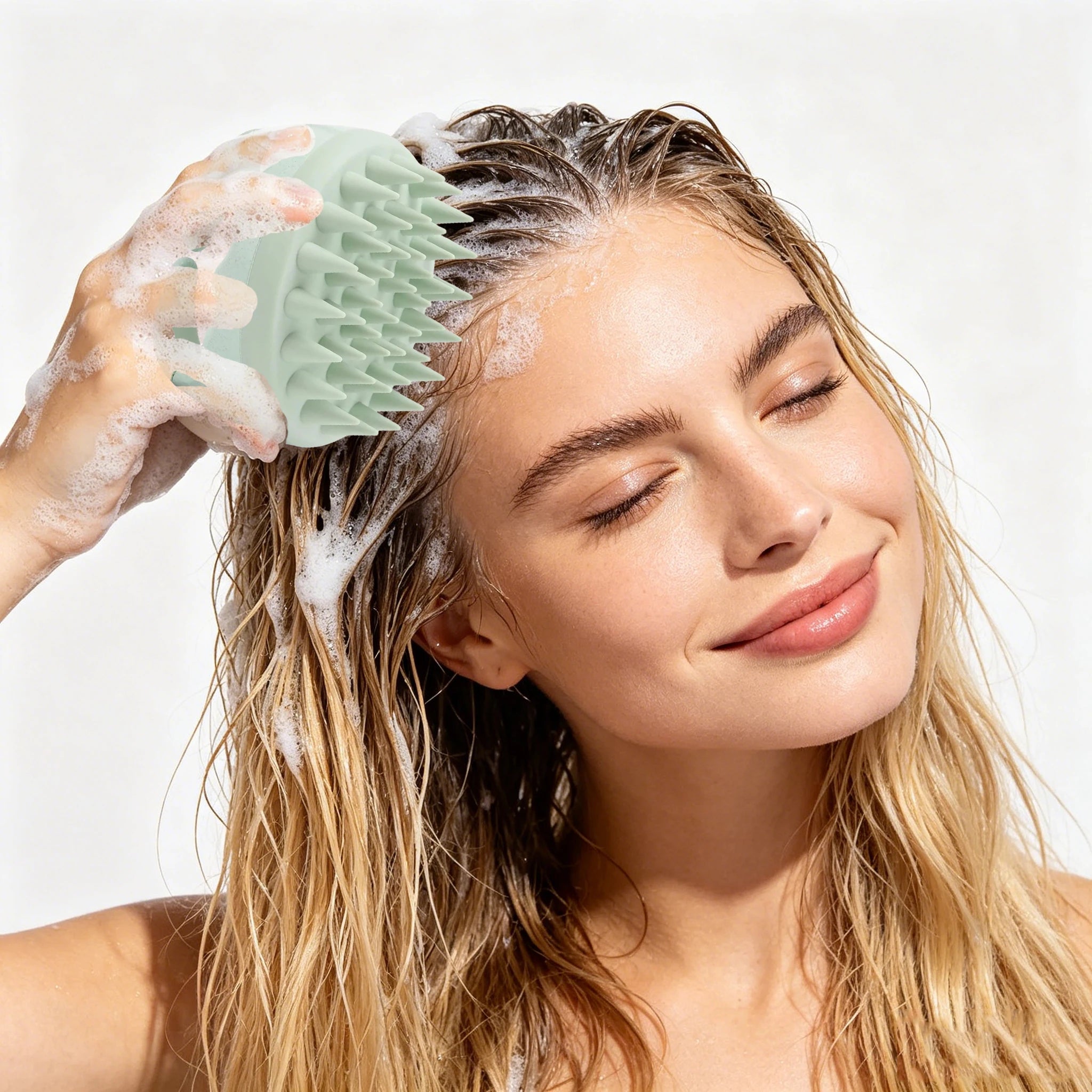 A woman with sudsy wet hair using a round, mint-green silicone scalp massager brush with flexible bristles.
