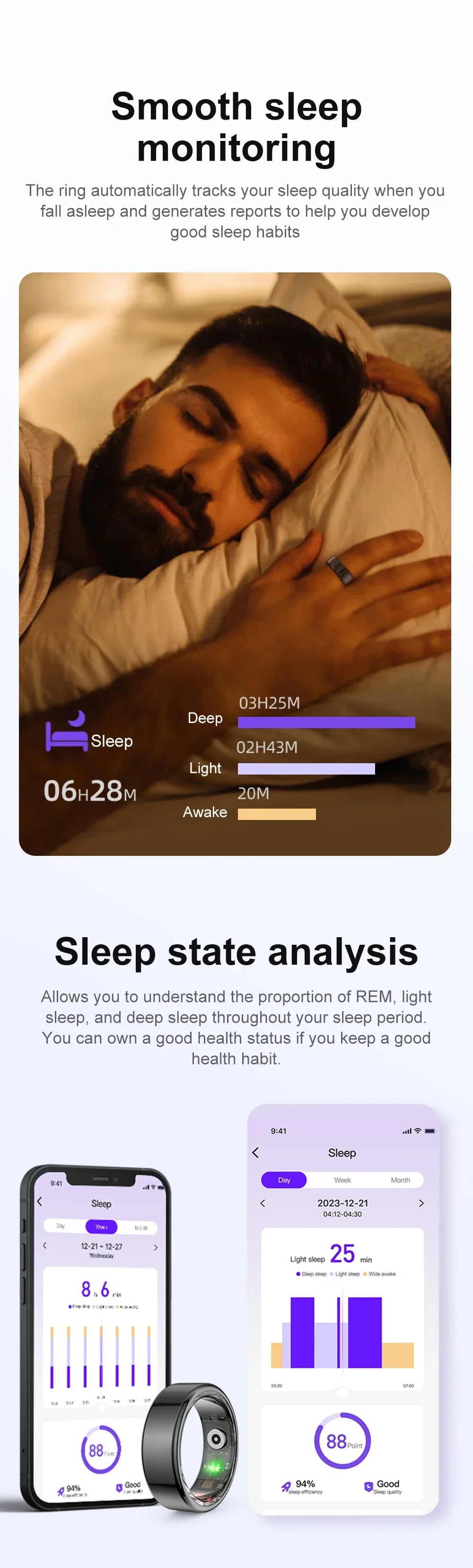 New Health Tracker Smart Ring, Heart Rate Blood Oxygen Monitoring Multi-sport Modes IP68 Waterproof for Men Women Sleep Fitness