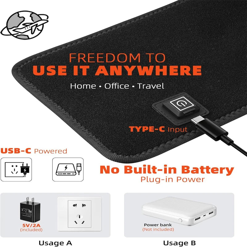 Portable red light therapy belt for back and waist, USB-C powered black pad for home, office, and travel use.