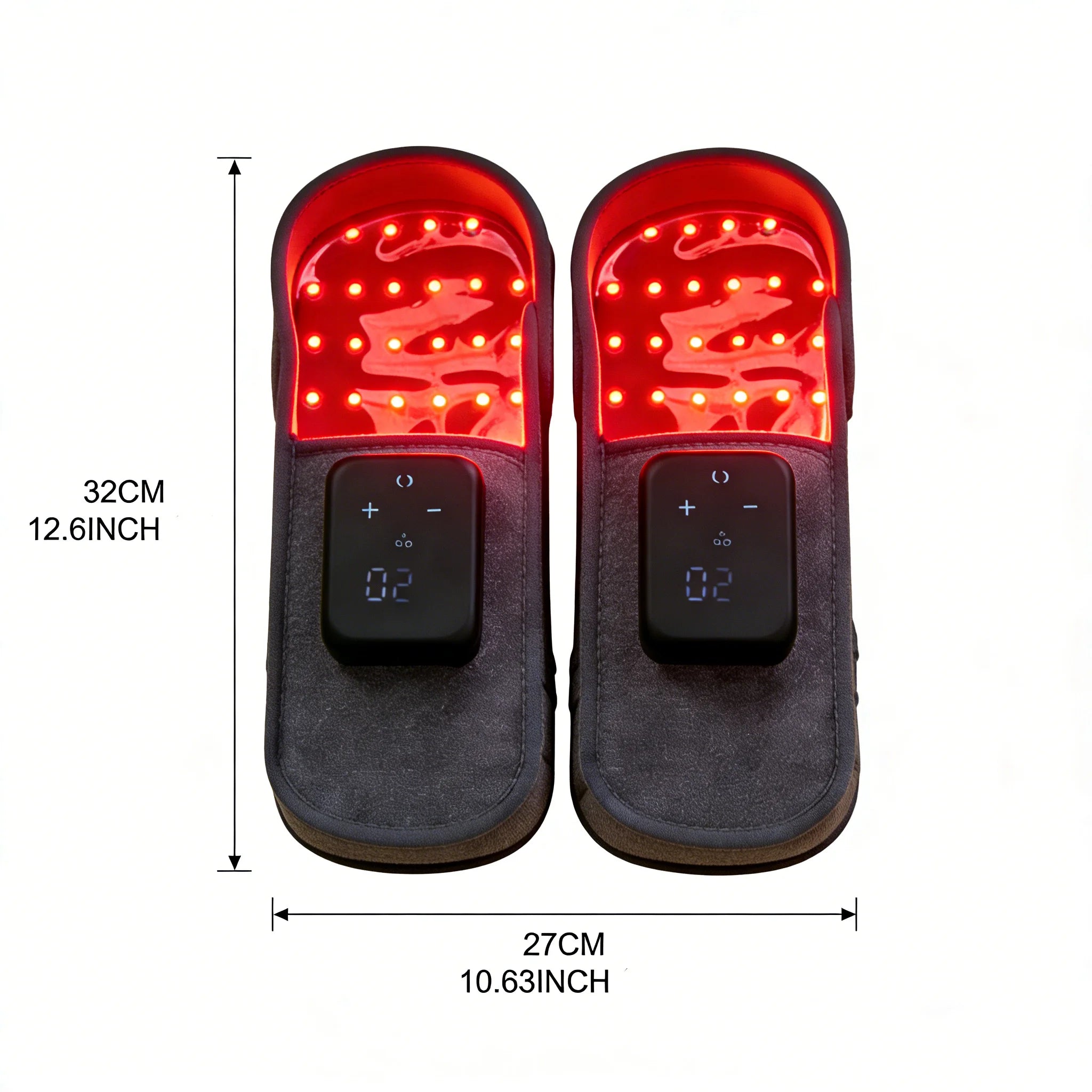 Wireless red light therapy slippers for foot pain relief with digital display controllers and 32cm length dimensions.