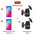 Two rectangular RGB LED video lights and two black metal ball head cold shoe mounts for camera photography lighting.