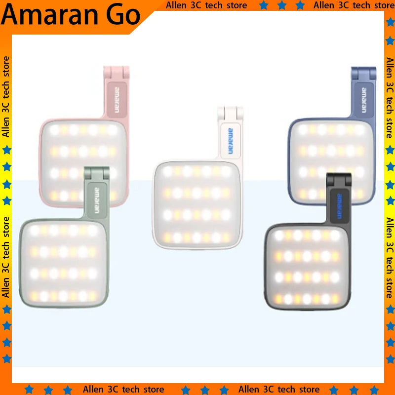 Four portable square LED clip-on lights in pink, white, blue, and black for mobile photography and video lighting.