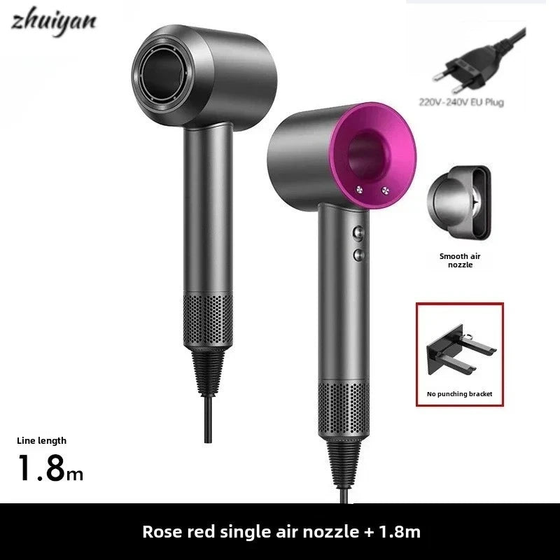 Grey leafless negative ion hair dryer with rose red accent, air nozzle, and wall-mounted bracket for salon or home.