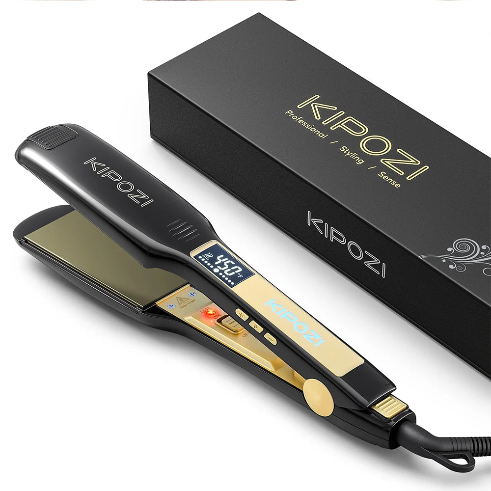 KIPOZI black and gold titanium flat iron hair straightener with digital LCD temperature display and gift box.