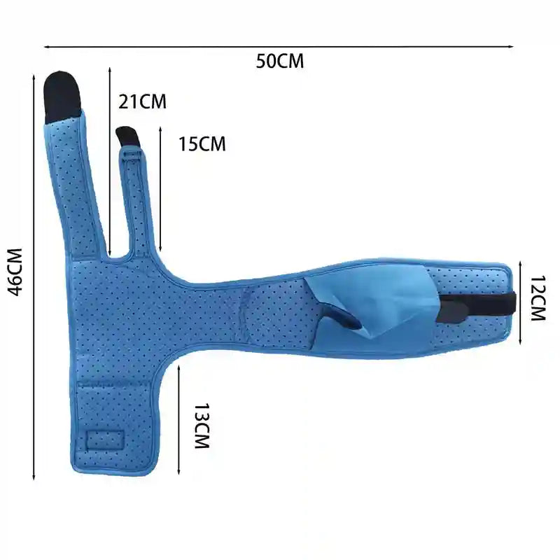 Blue plantar fasciitis night splint with adjustable straps for heel spur and Achilles tendonitis pain, size diagram.