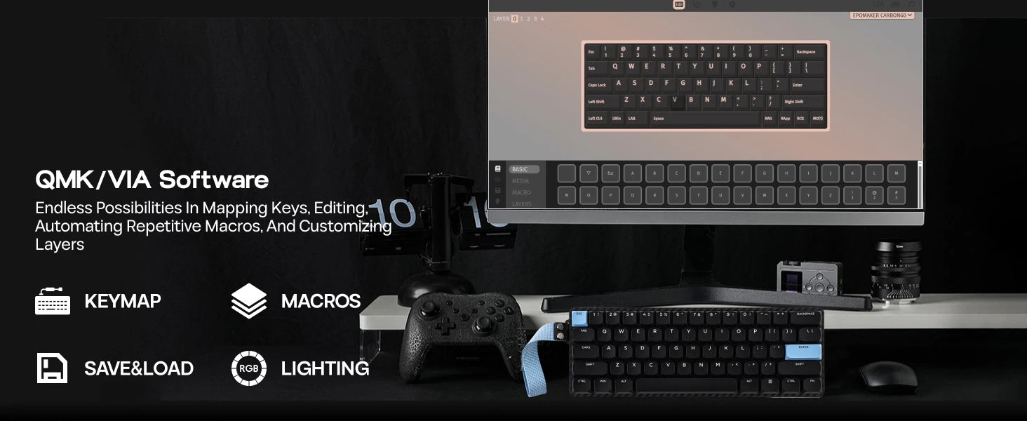 EPOMAKER Carbon60 60% ANSI US Layout Tri-mode Wireless Mechanical Keyboard with QMK/VIA Programmable & RGB Backlights