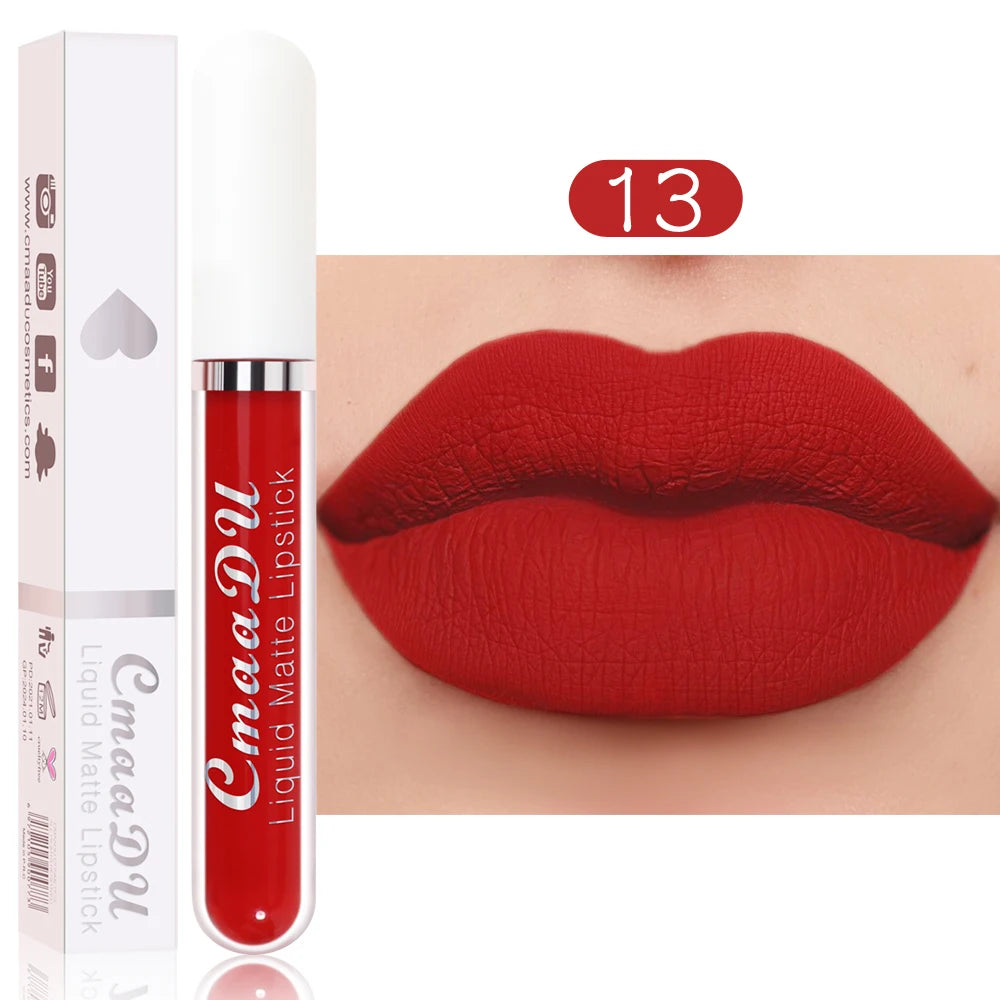 CmaaDu long-lasting waterproof matte liquid lipstick in bold red, shade 13, shown on lips with its packaging box.
