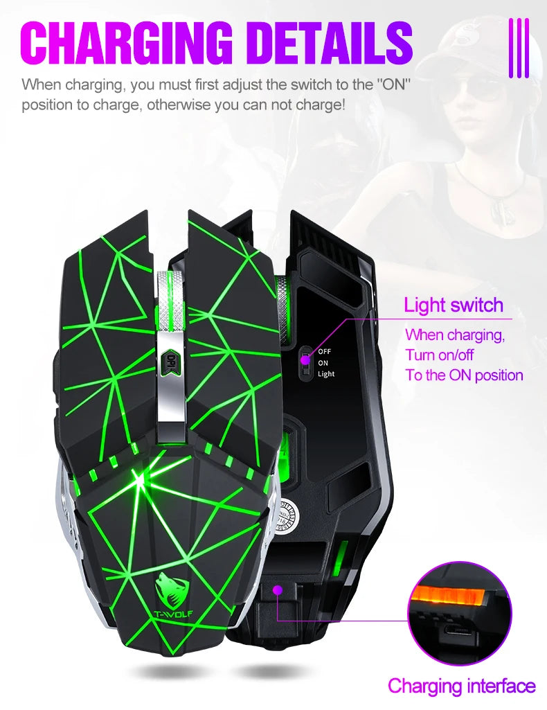 T-WOLF Thunderwolf Q15 Rechargeable Wireless Mouse RGB Glow Game Office Silent Laptop 2.4g Rechargeable Wireless Mouse