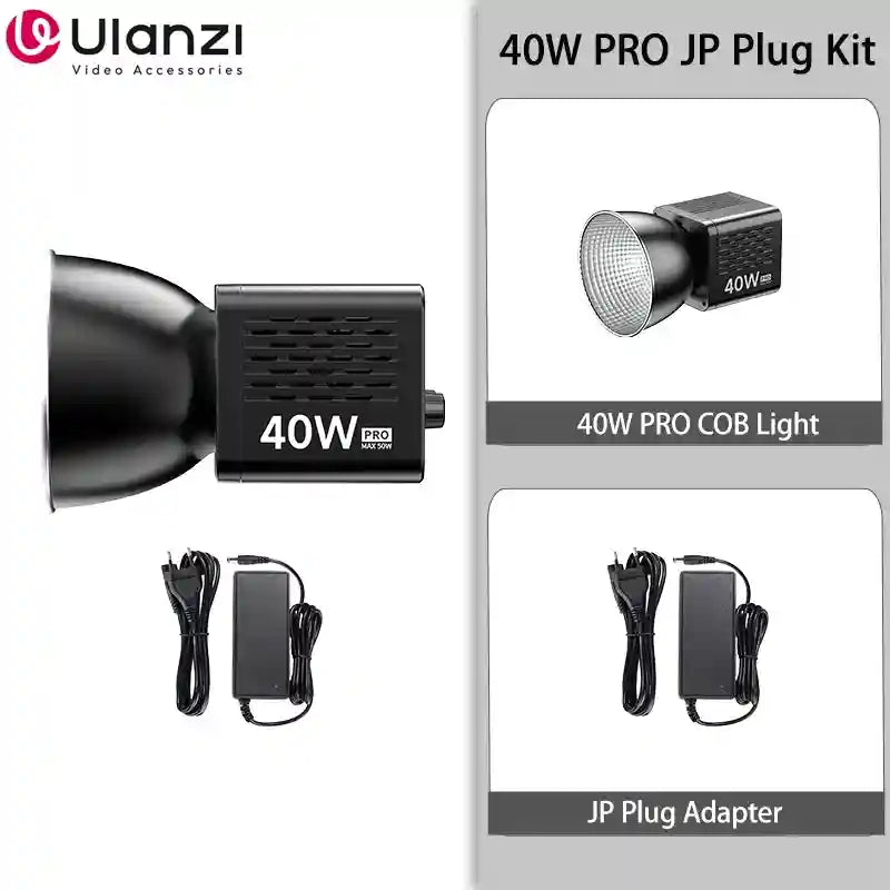 40W PRO COB video light with black rectangular body, bowl reflector, and Japanese plug power adapter.
