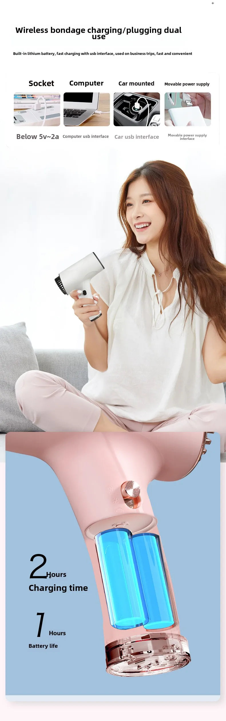 Wireless pink portable hair dryer with negative ion technology, USB rechargeable battery, and compact travel design.