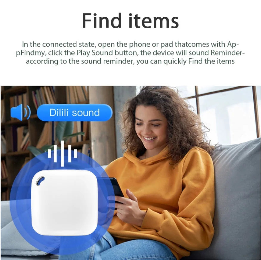 White smart GPS tracker compatible with Apple Find My for tracking pets, luggage, and keys with sound alerts.
