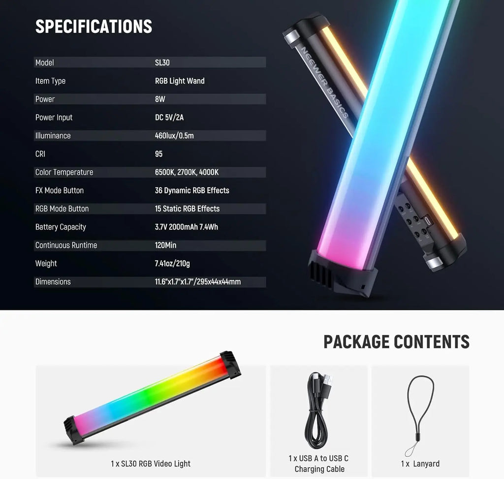 SL30 RGB LED light wand with black casing, 11.6-inch length, includes USB-C charging cable and a lanyard.
