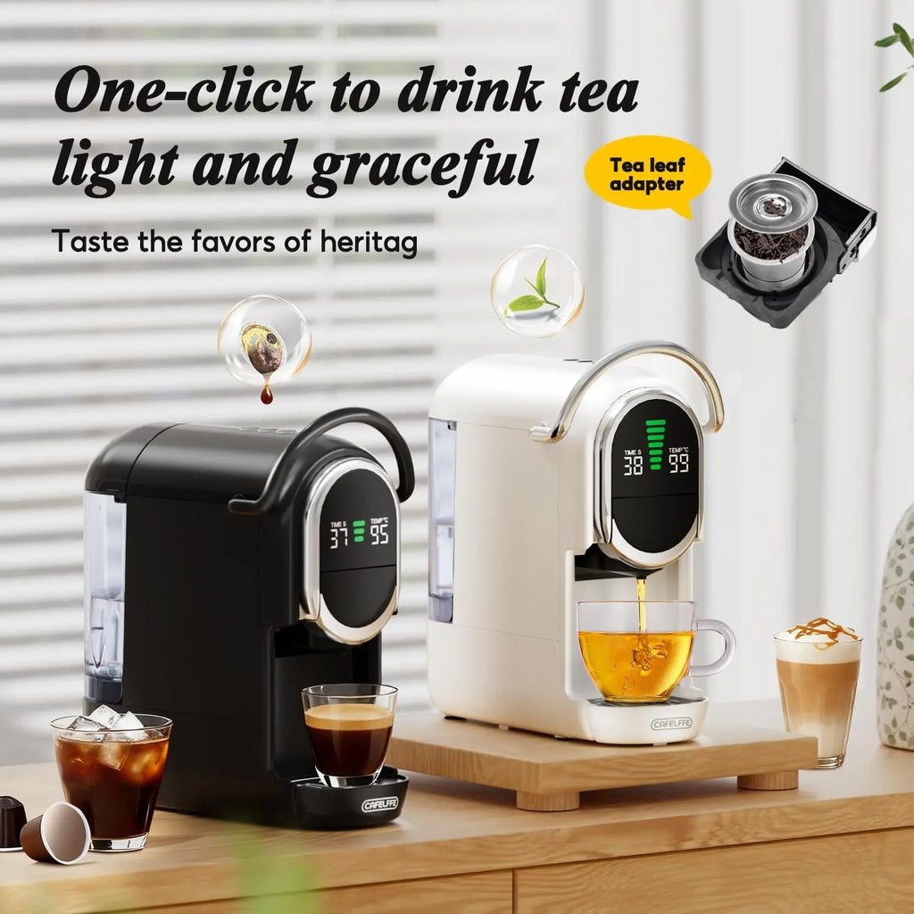 Cafelffe capsule coffee and tea maker in black and white with digital display and tea leaf adapter on wood counter.