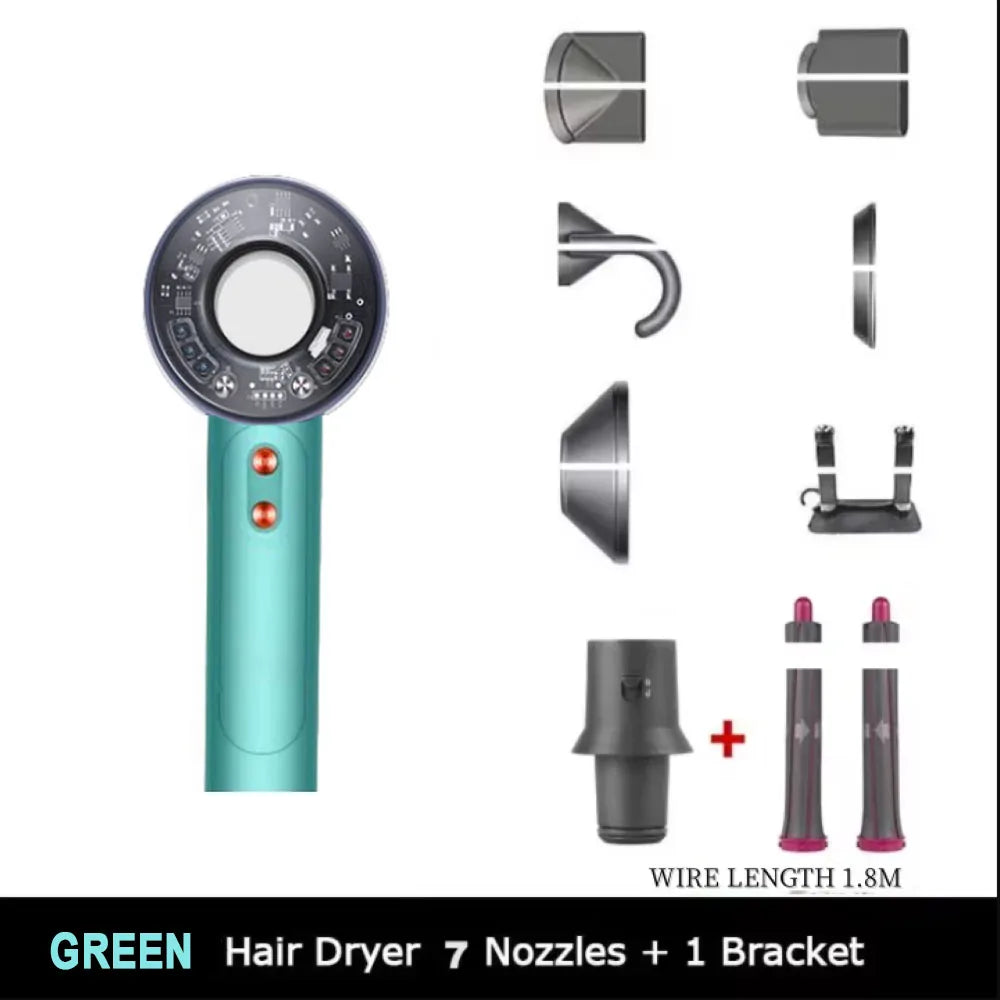 Green leafless high-speed hair dryer with 7 magnetic styling attachments and stand for professional salon results.