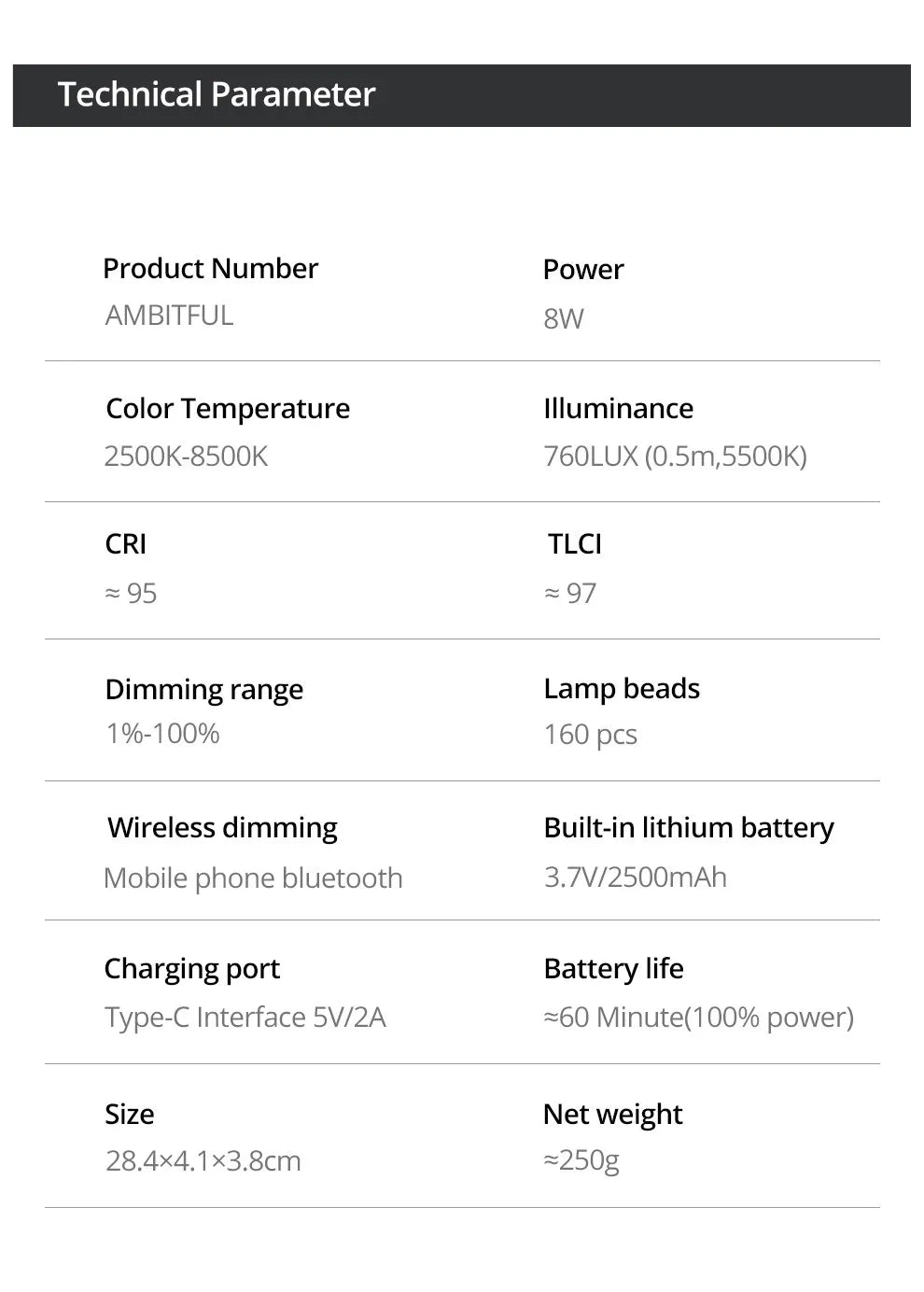 Technical specification chart for a portable LED light with 8W power, adjustable color temperature, and battery.