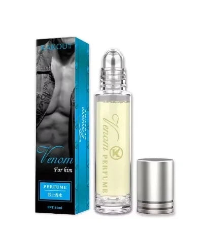 Venom For Him roll-on perfume for men, long-lasting fragrance in a sleek clear glass bottle with silver cap.