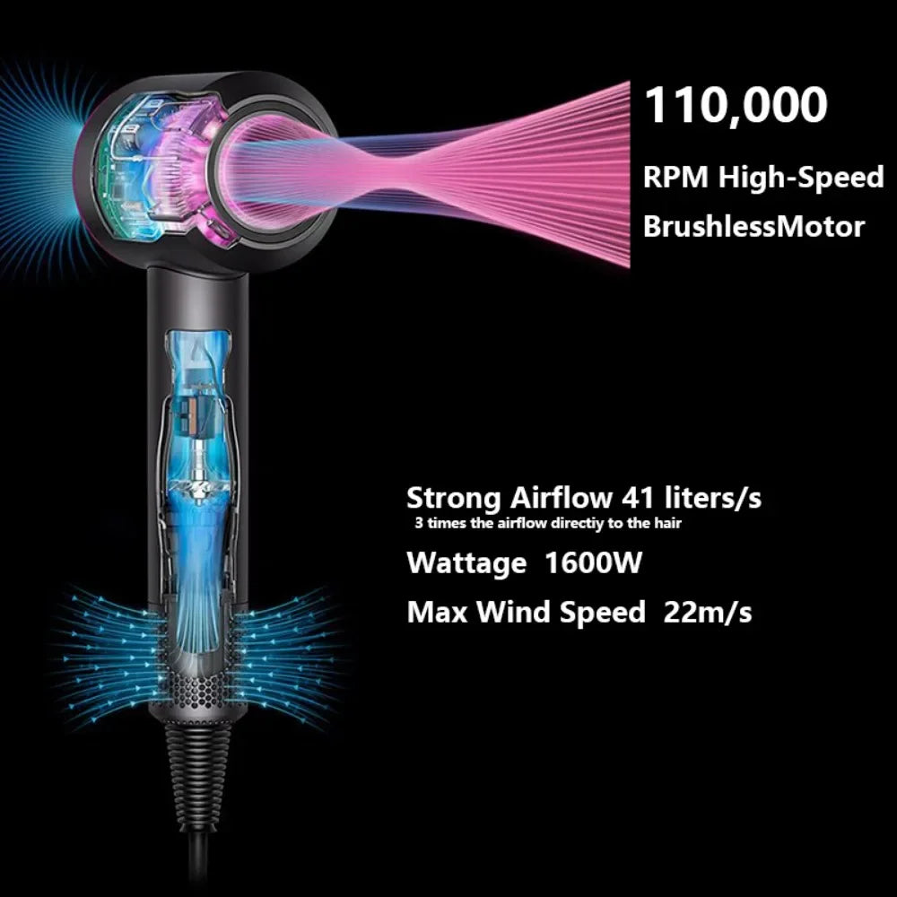 Black ionic hair dryer with 110k RPM brushless motor, 1600W power, and high-speed airflow for professional styling.