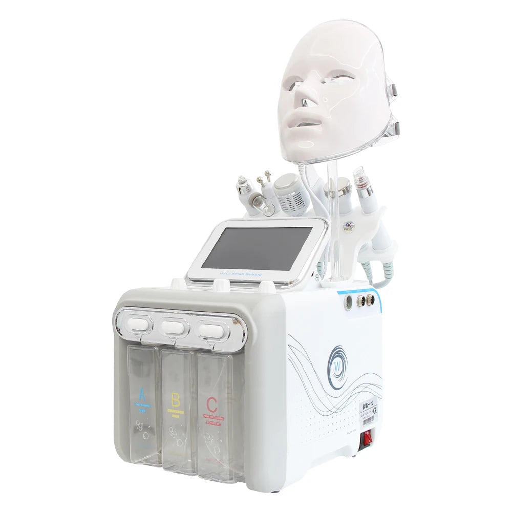 AOKO 7-in-1 hydro dermabrasion facial machine with LED mask, multiple probes, and liquid bottles for deep skin cleaning.