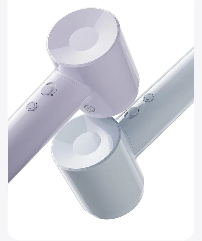 Lightweight 345g high-speed hair dryer in purple and blue, featuring intelligent temp control and quiet design.