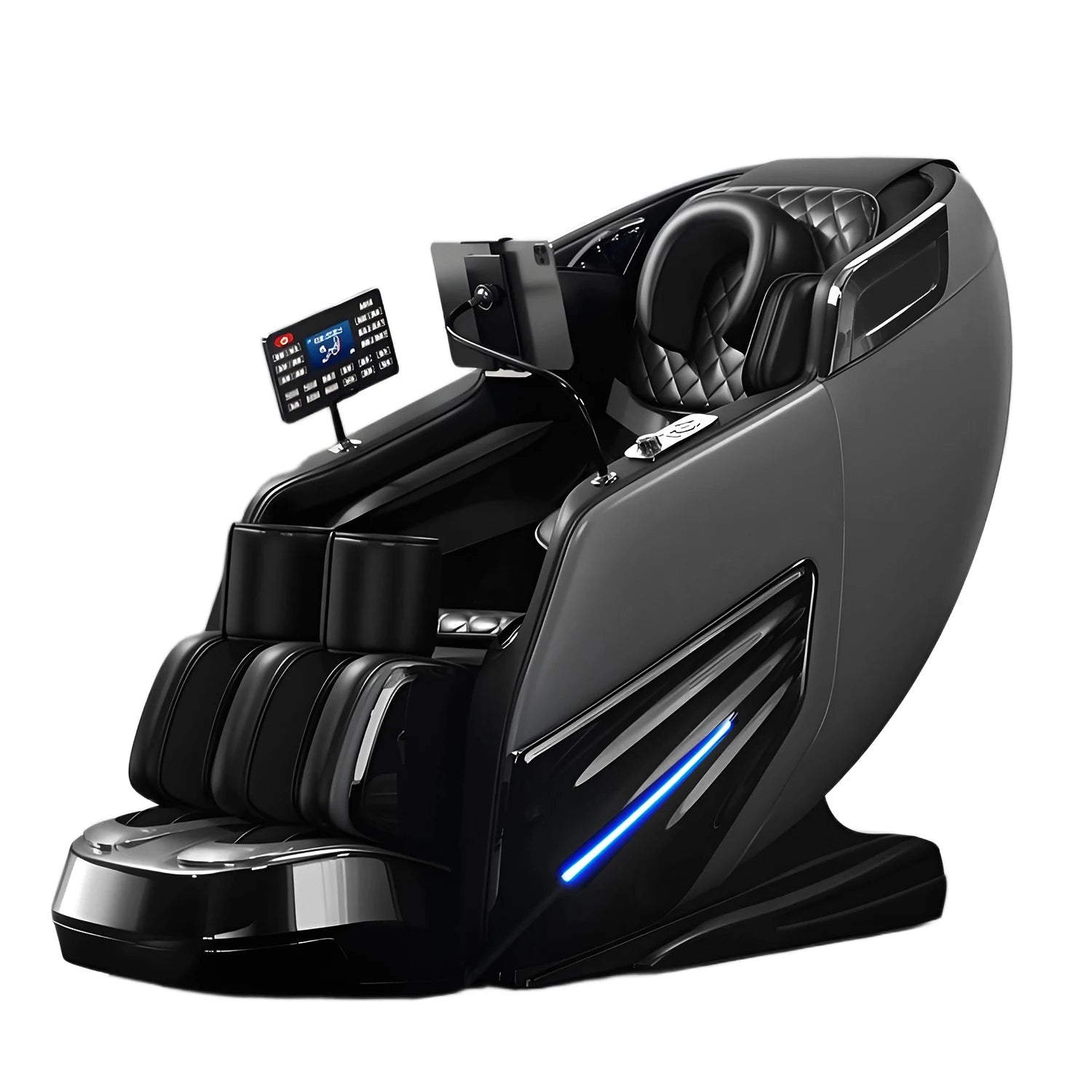 Black, full-body massage chair with quilted leather, digital touch display, and blue accent lighting.