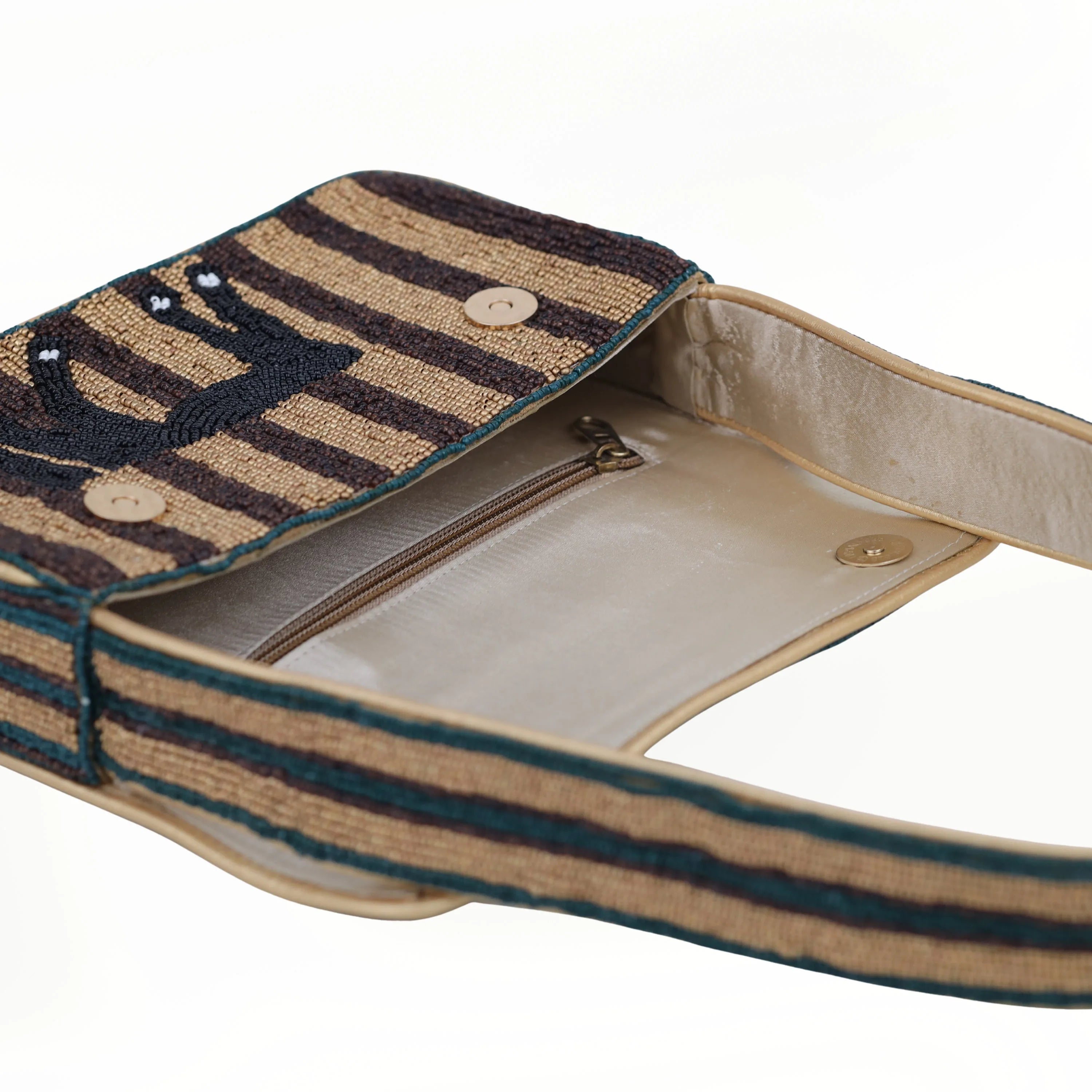 Bohemian beaded shoulder bag featuring a brown and black striped horse pattern with a single strap and magnetic clasp.