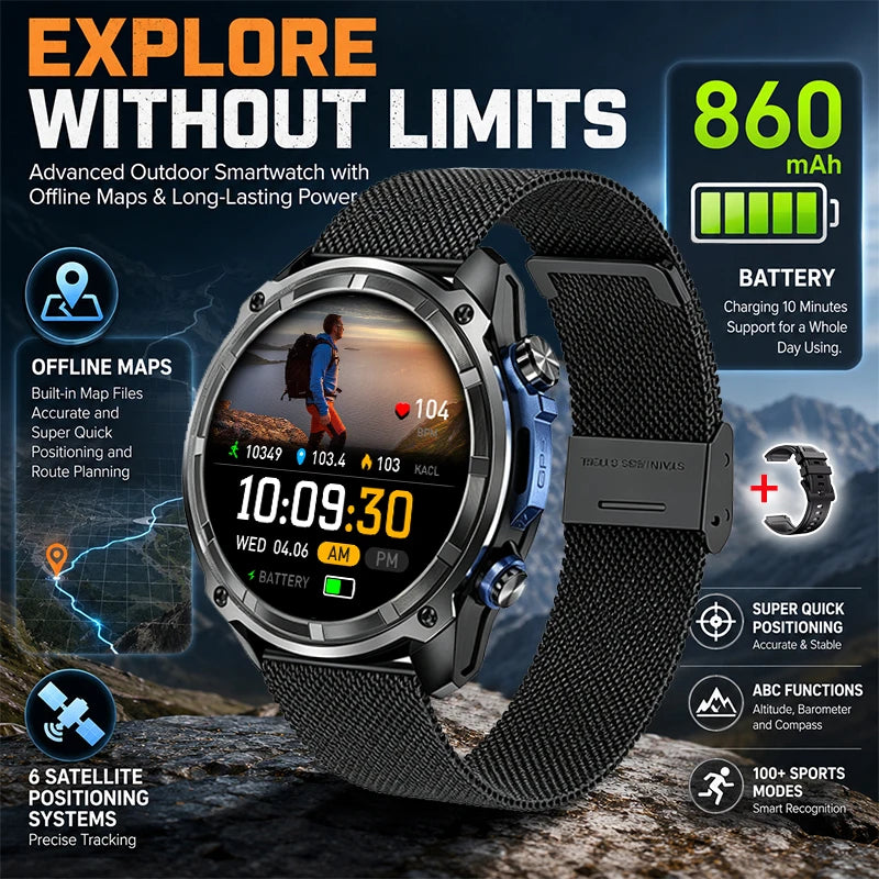 2026 New Outdoor Adventure DT G1 Smart Watch GPS Offline Map 100+Sports Mode Fitness 3ATM Waterproof Bluetooth Call Smart Watch