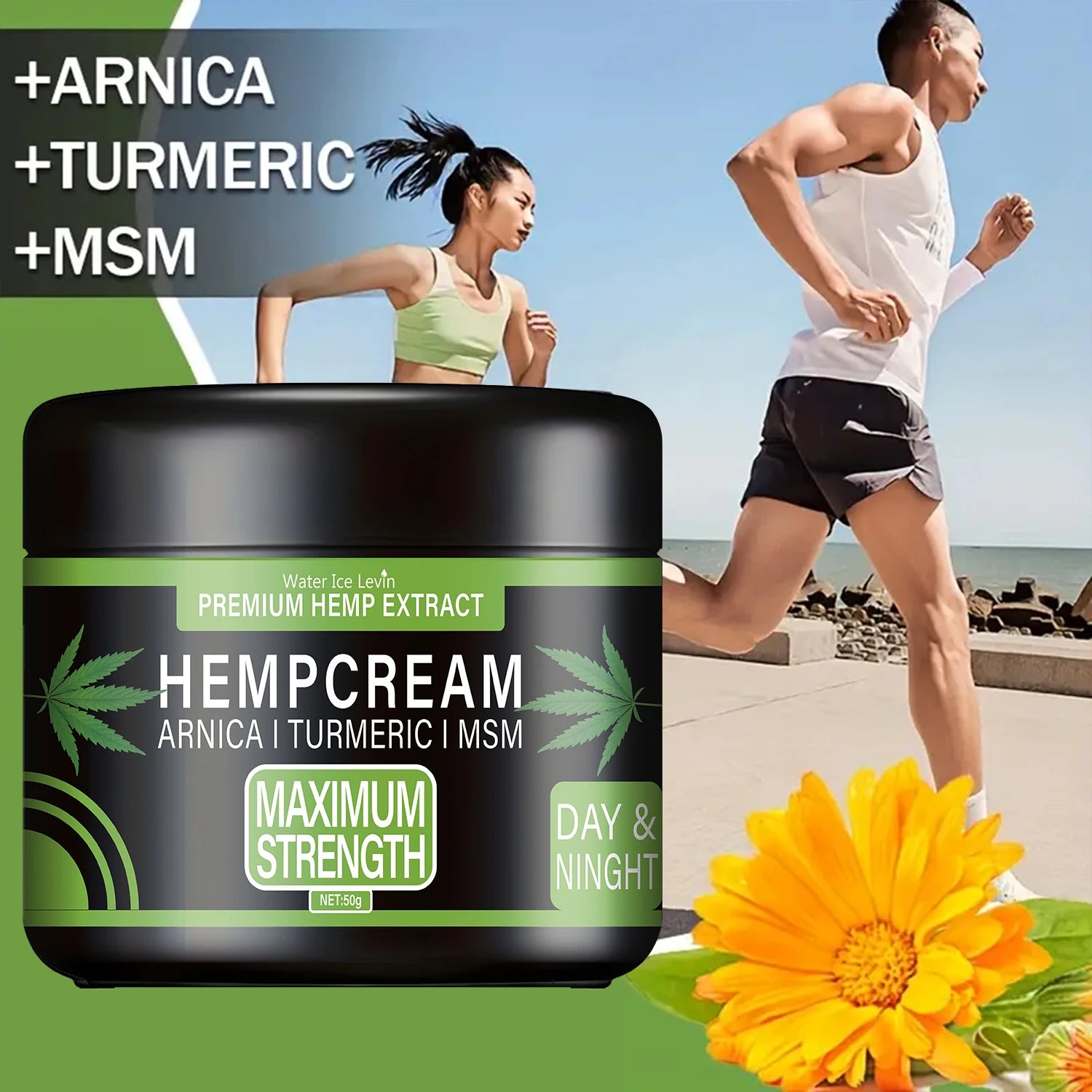 Hemp Cream: Premium Hemp Extract+Arnica+Turmeric, Maximum Strength, Light Texture, Moisturizes for Elastic Skin (Day & Night)