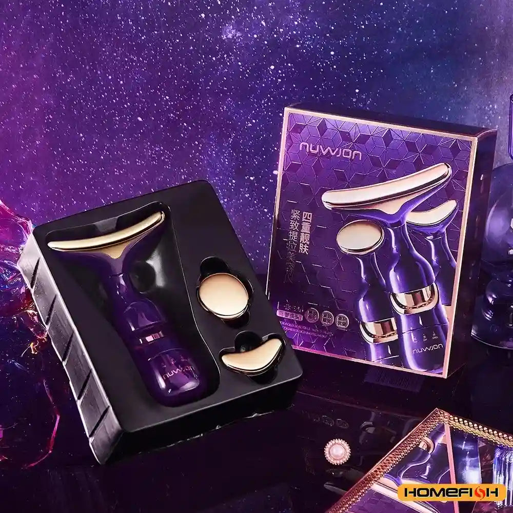 Purple and gold 3-in-1 facial sculpting device with sonic vibration in black packaging with its branded gift box.