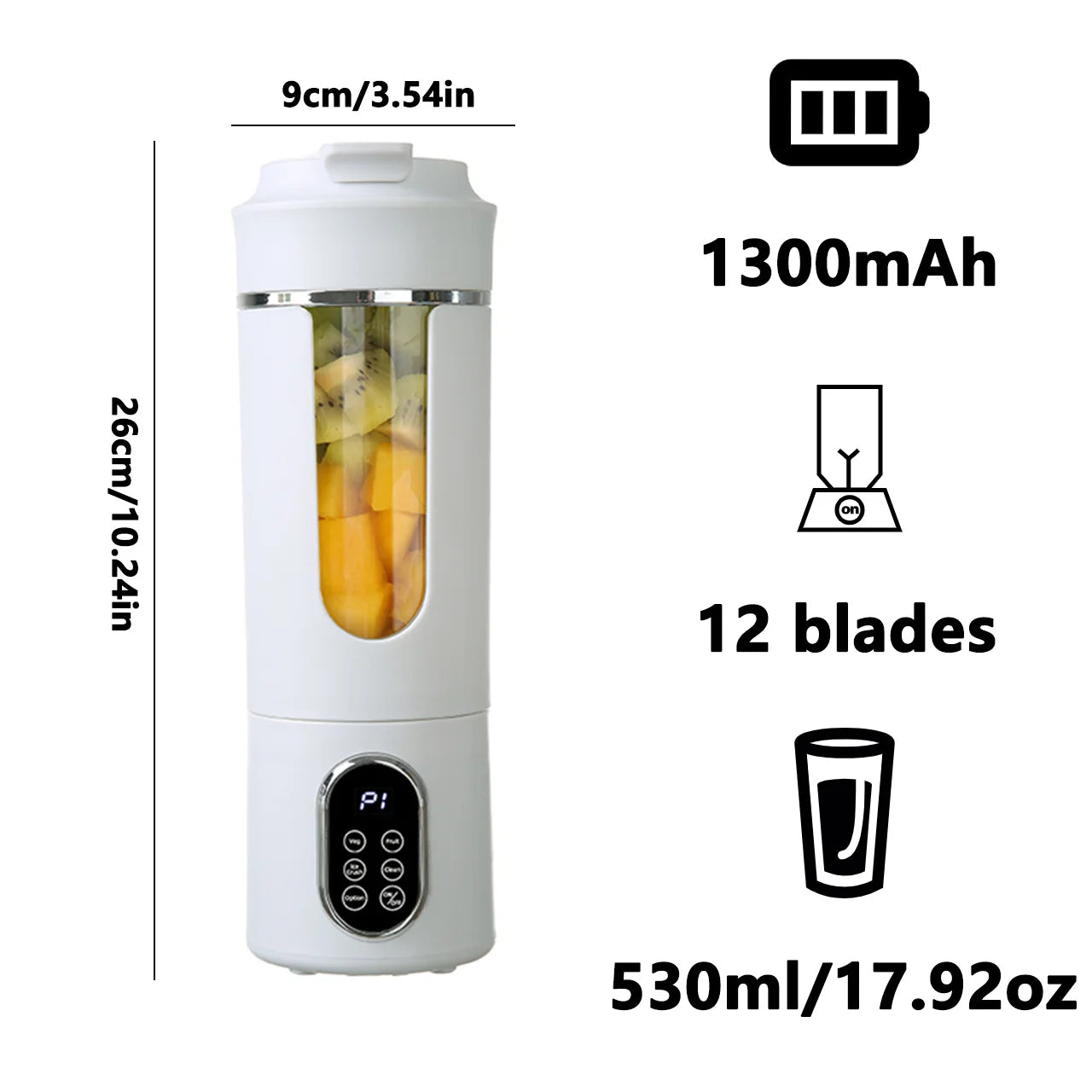 White wireless portable blender, 530ml, 12 blades, 1300mAh battery
