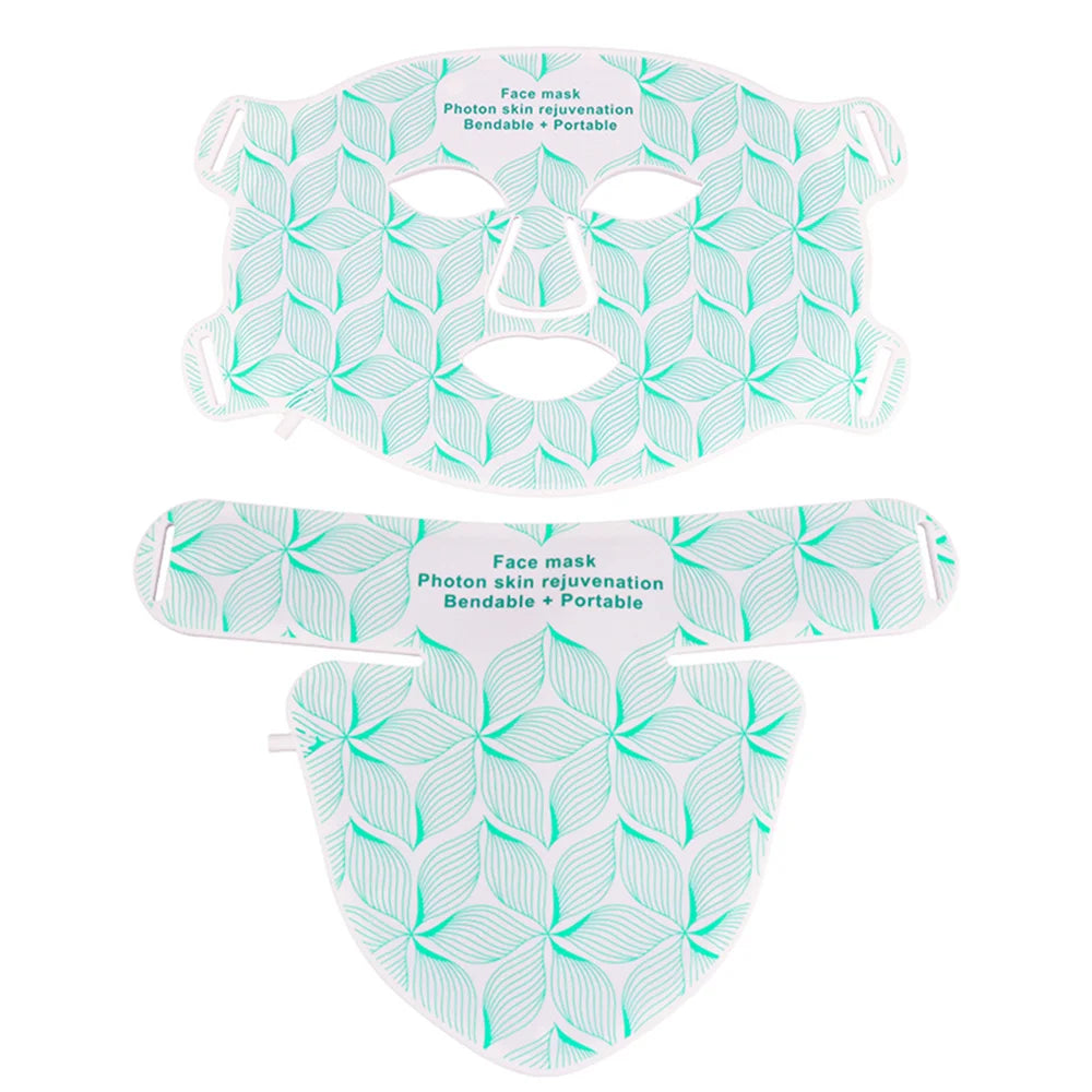 Flexible white photon rejuvenation face and neck mask set with teal leaf patterns, featuring cutouts and side straps.