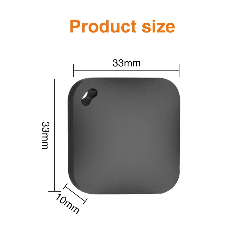 Black smart GPS pet tracker tag, 33x33x10mm size, compatible with Apple Find My for accurate pet location tracking.