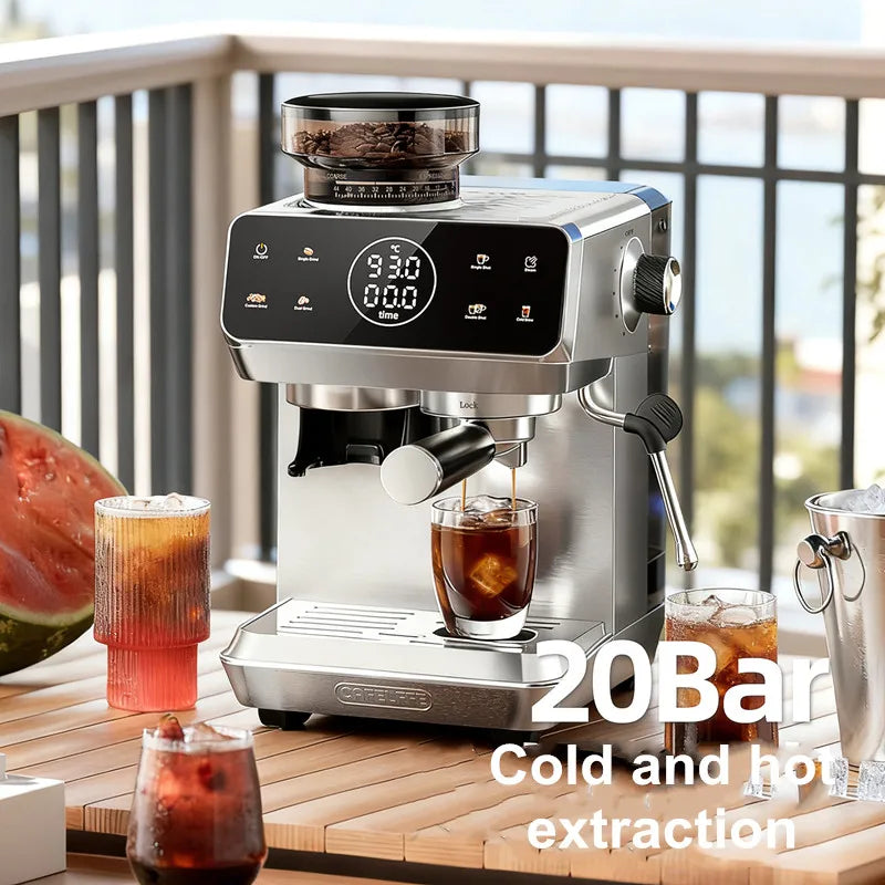 CafeLife stainless steel 20-bar espresso machine with integrated grinder, digital display, and cold brew function.