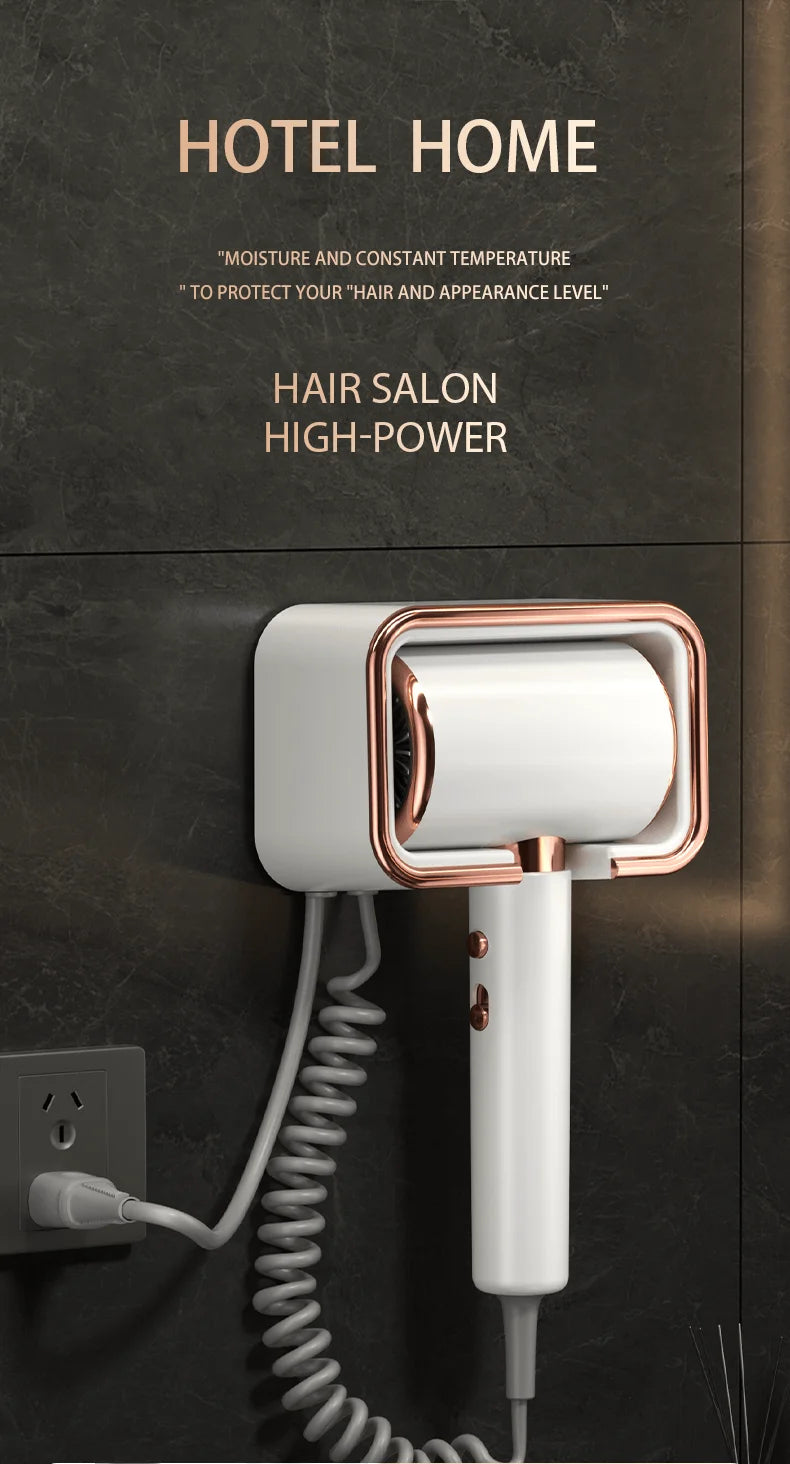 White and rose gold wall-mounted hairdryer with coiled cord, sleek no-drill design for bathroom or hotel use.