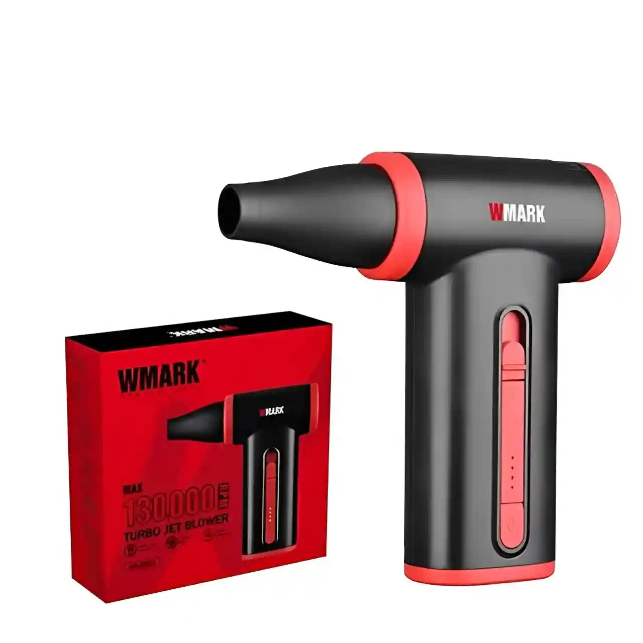 WMARK NG-TB001 cordless mini turbo jet blower in black and red, high-speed 130k RPM handheld hair dryer with box.