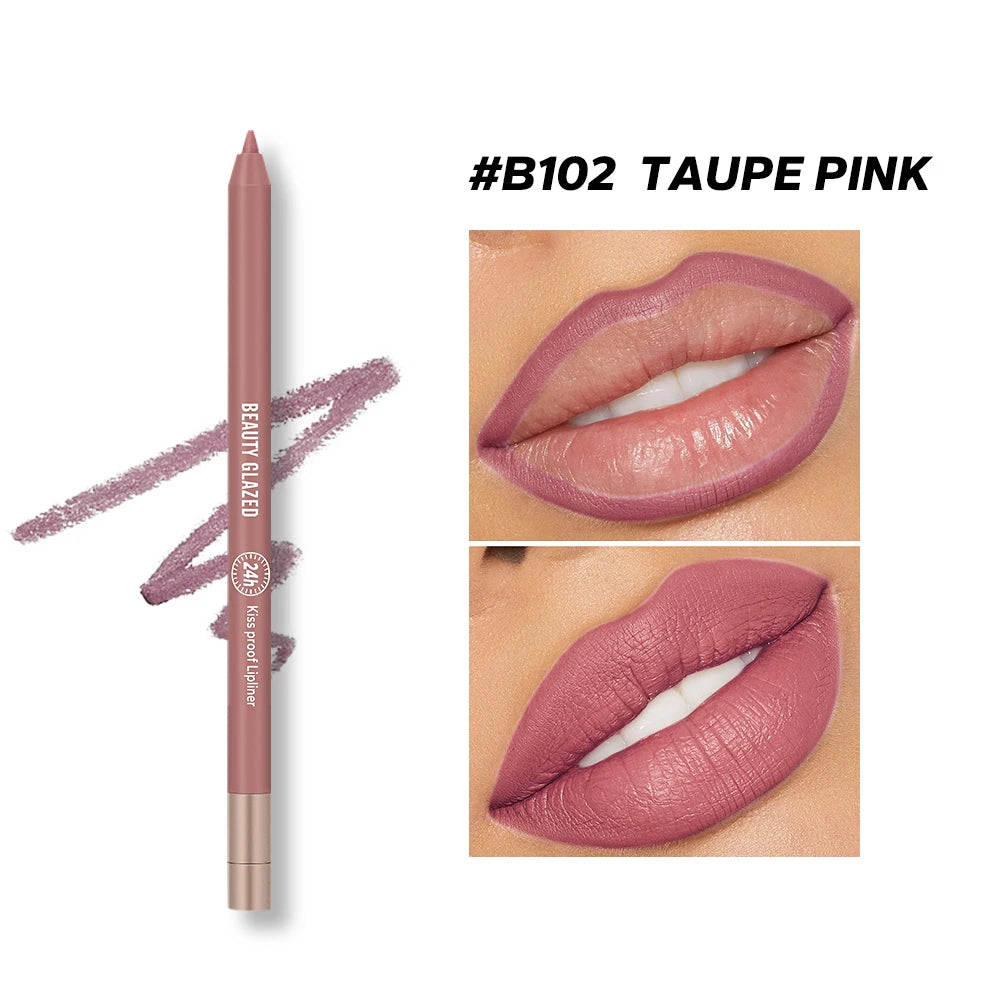 Waterproof matte lip liner in Taupe Pink, showing pencil swatch and natural lip plumping makeup application.