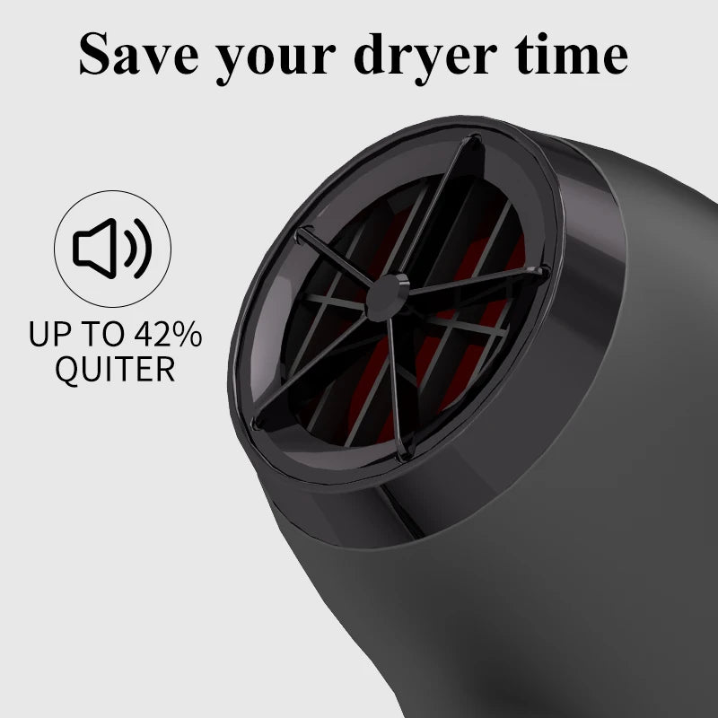 Black 2400W high-speed salon hair dryer, quiet design with fast-drying nozzle for professional styling results.