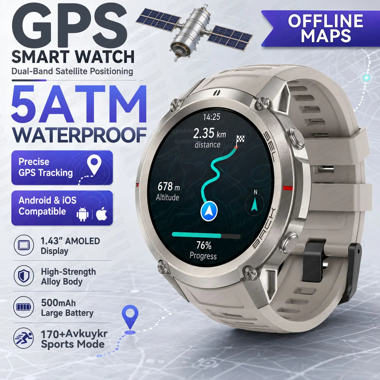 New Rugged GPS Sport Smartwatch 1.43" AMOLED Screen 5ATM Waterproof Offline Map Compass 500mAh Smart Watch for Men Android iOS