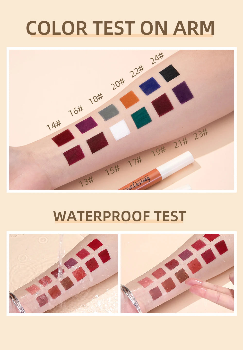 Matte liquid lipstick swatches on arm showing long-lasting, waterproof, and velvet texture in various nude and red shades.