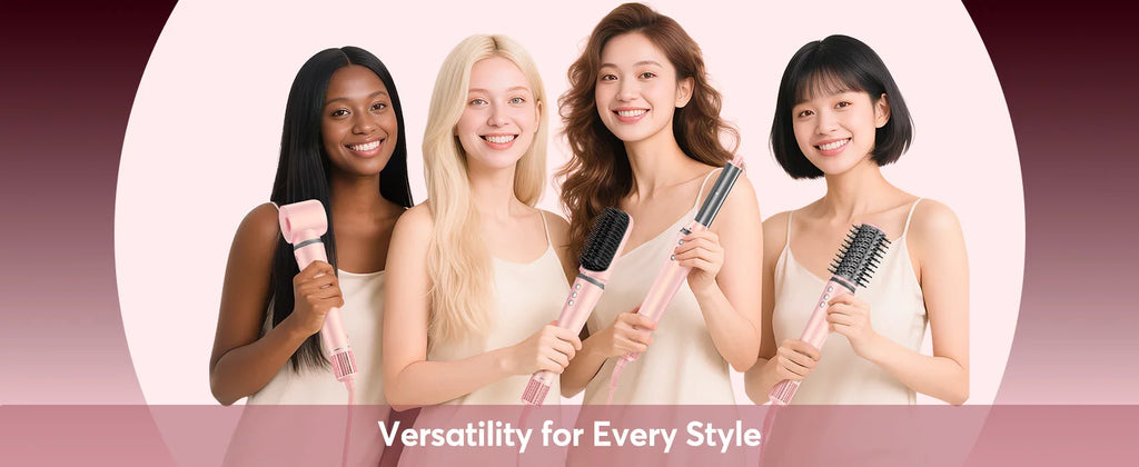 Rose gold 5-in-1 hot air styler brush with drying, curling, and smoothing attachments for professional hair styling.