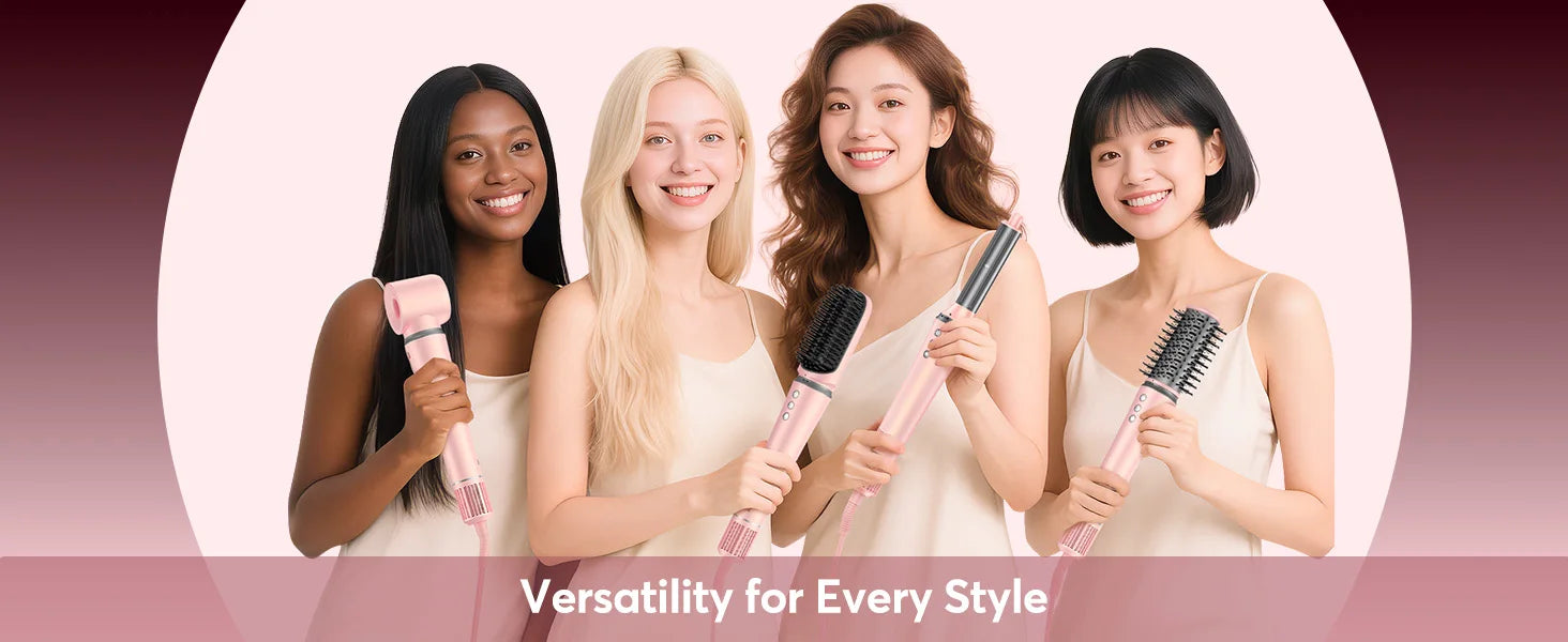 Rose gold 5-in-1 hot air styler brush with drying, curling, and smoothing attachments for professional hair styling.