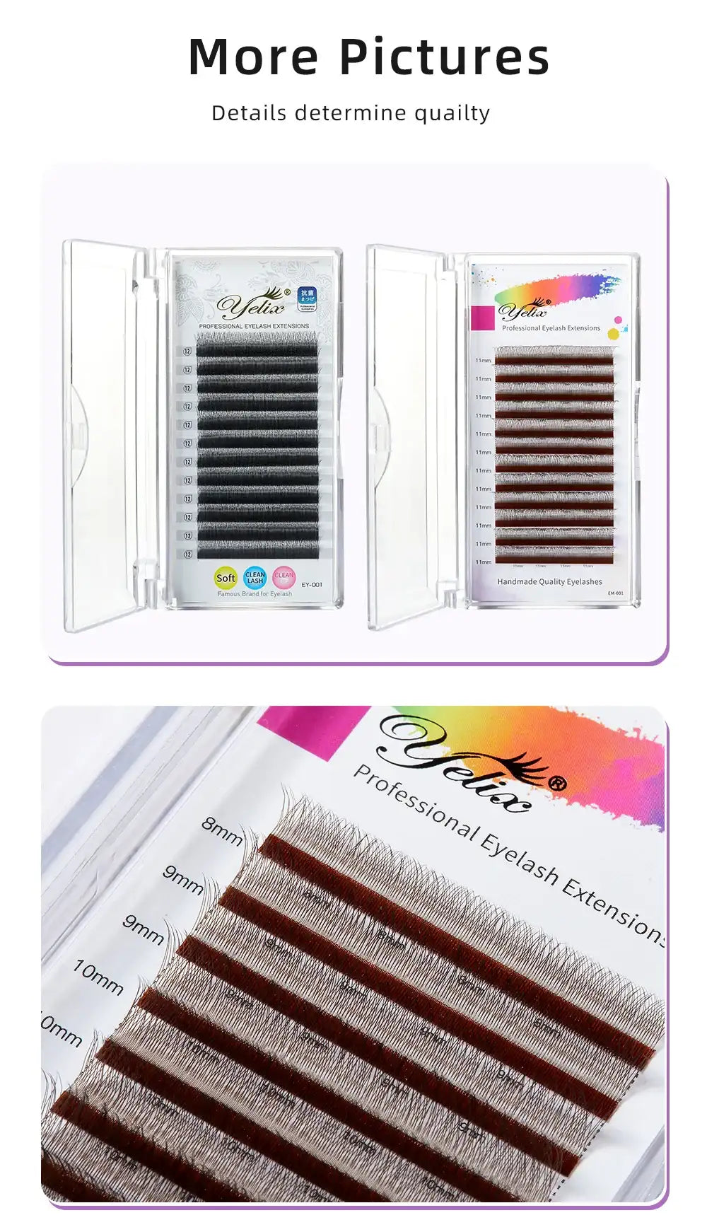 Two open plastic cases of Yelix 2D Y-lash extensions in dark brown and black, arranged in labeled length strips.